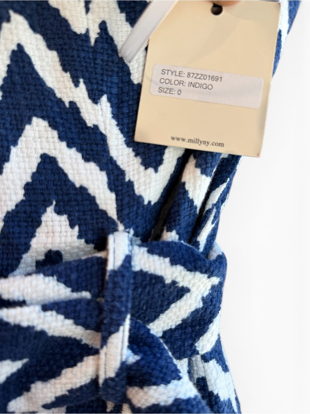 MILLY of New York Strapless Chevron Tweed Pencil Dress. Indigo Blue and White - Picture 9 of 15